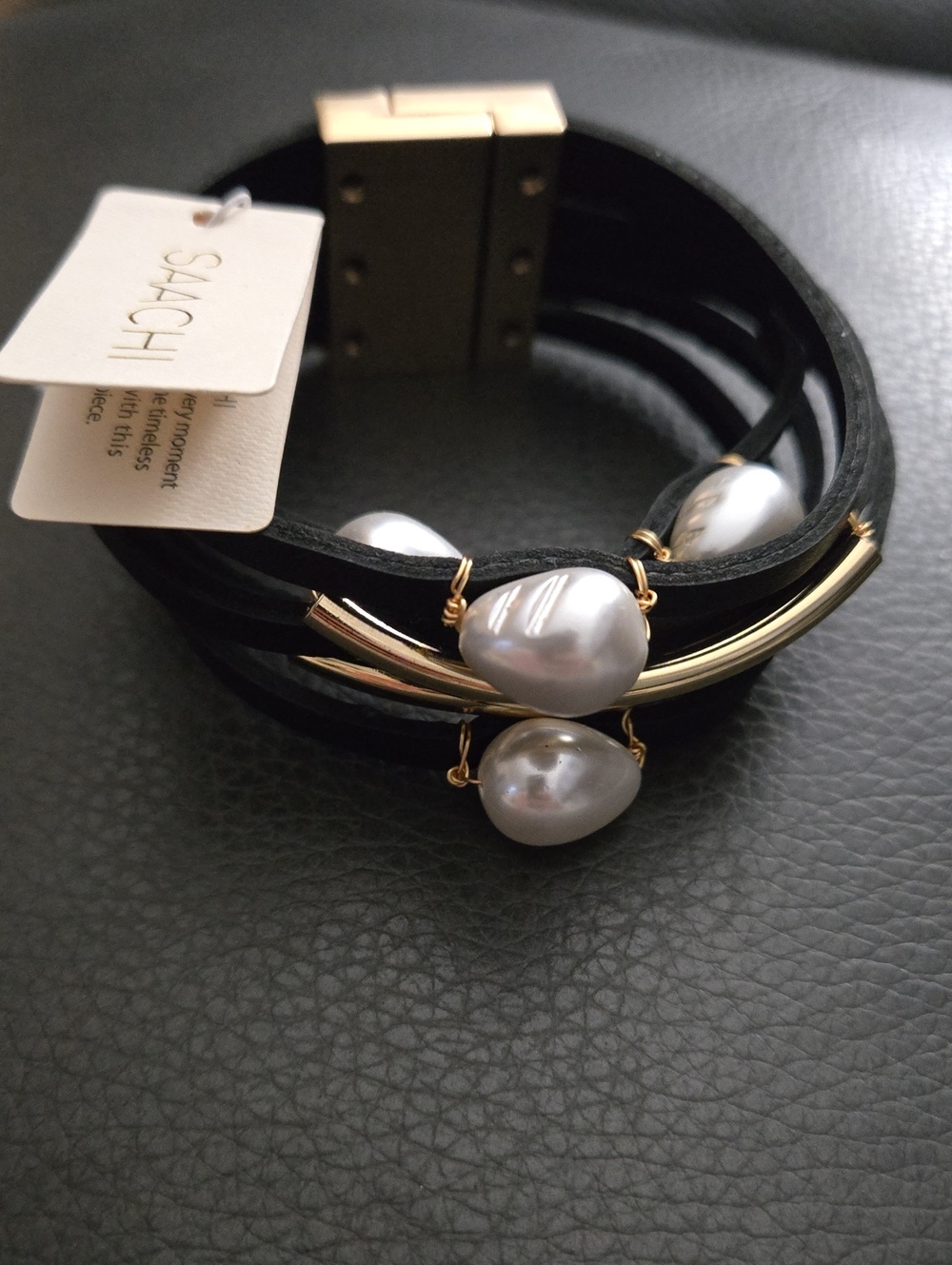 SACHI Black Leather Multi-Strand Bracelet with Gold Bars and White Pearls